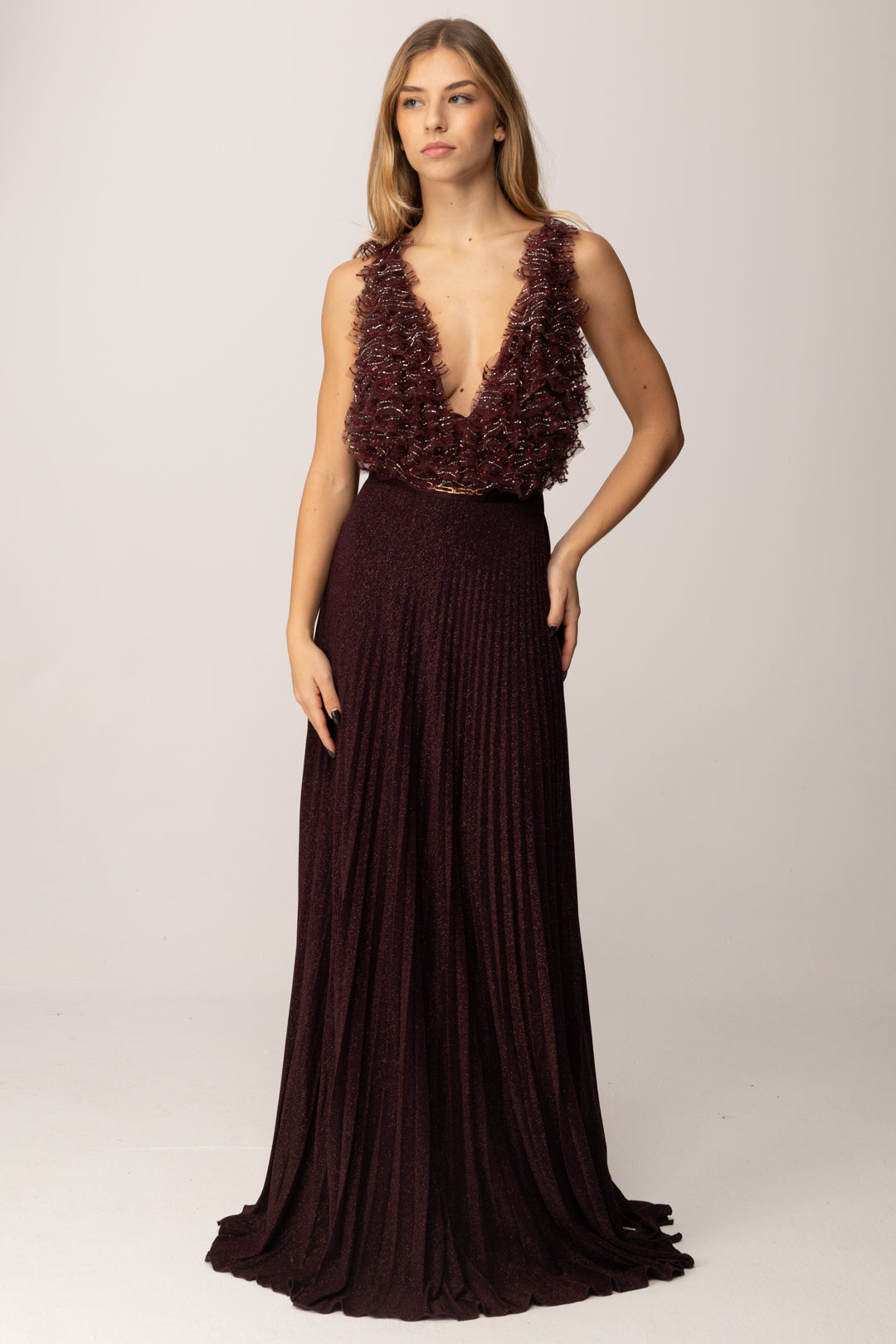 elisabetta franchi pleated long dress Pleated V-neck Maxi Dress