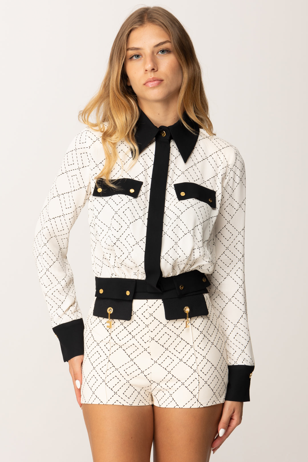 Elisabetta Franchi Donna Camicia Crop Bicolor In Georgette con