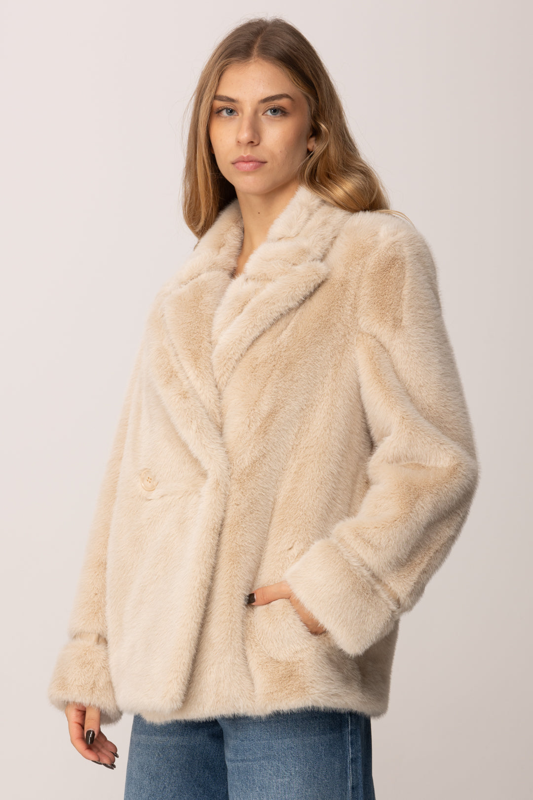Twin-set Woman Double-breasted Coat In Faux Fur 252TT2154 LIGHT