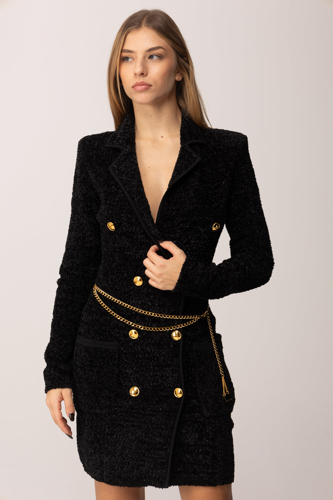 Elisabetta Franchi Woman Mini Double-Breasted Dress In Chenille Boucl AM32S57E2 BLACK Khloefemme Elisabetta Franchi Woman Mini Double-Breasted Dress In Chenille Boucl AM32S57E2 BLACK Khloefemme