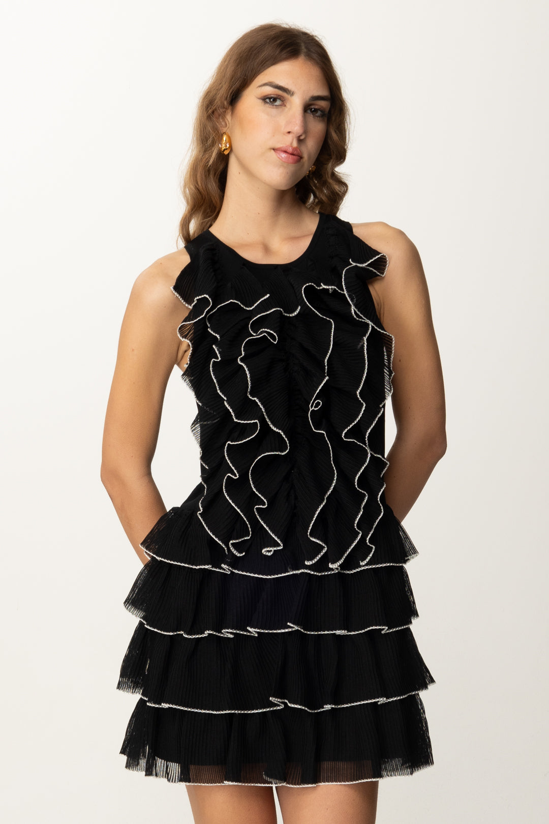 Elisabetta Franchi Woman Mini Dress in Knit with Ruffles and Flounces  AM46S52E2 BLACK/IVORY – Khloefemme