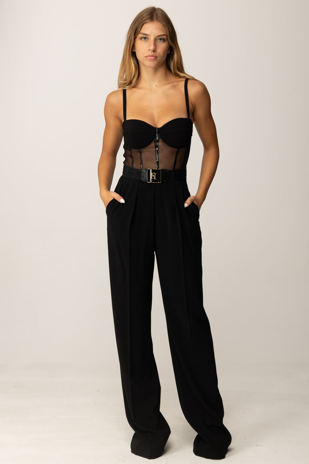Elisabetta Franchi Donna Tuta Lunga con Bustier In Tulle e Cintura