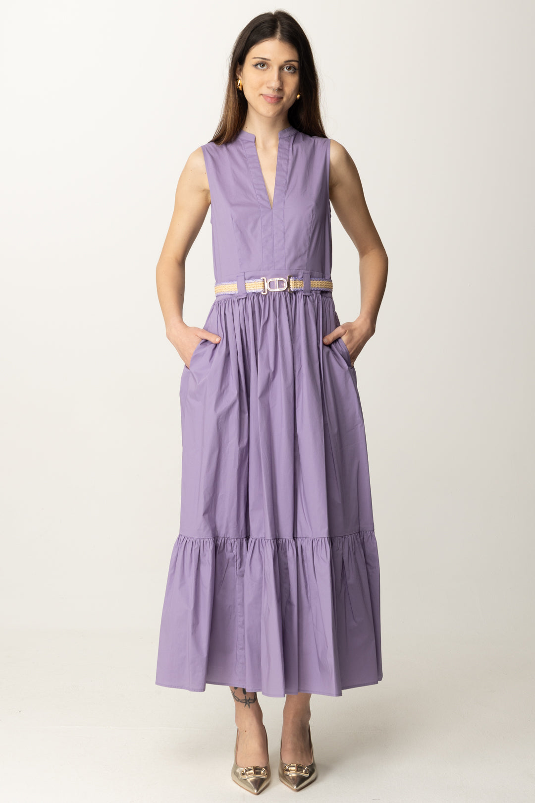 Twin-set Donna Abito Longuette In Popeline Balza e Cintura