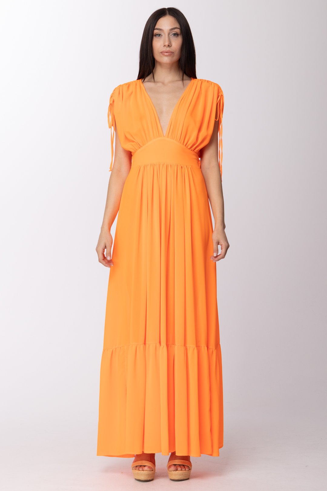 Long dress with deep neckline and ruffles - Main Image