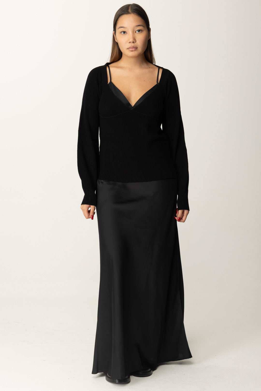 Twin-set Women's Long Slip Dress with Sweater 242TP3112 BLACK