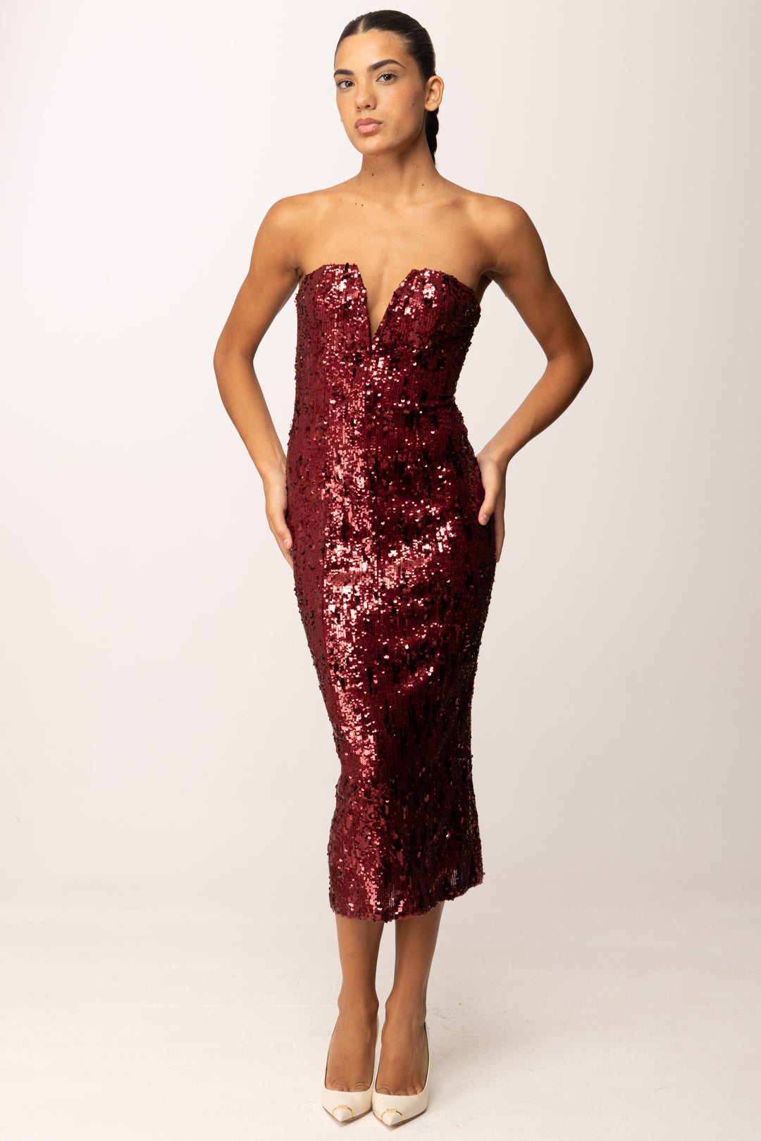 Aniye By Woman Midi Bustier Dress Lulu Full Sequins 181466 BURGUNDY :AI25 Khloefemme Aniye By Woman Midi Bustier Dress Lulu Full Sequins 181466 BURGUNDY :AI25 Khloefemme