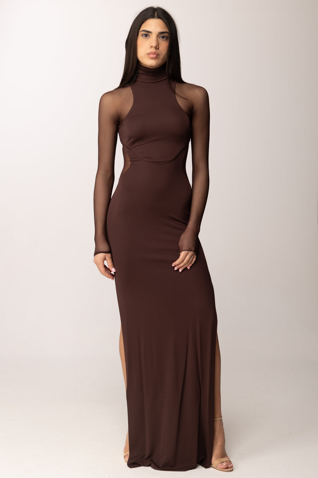 Elisabetta Franchi Woman Red Carpet Dress with Tulle Inserts ABR2262E2 CACAO – Khloefemme