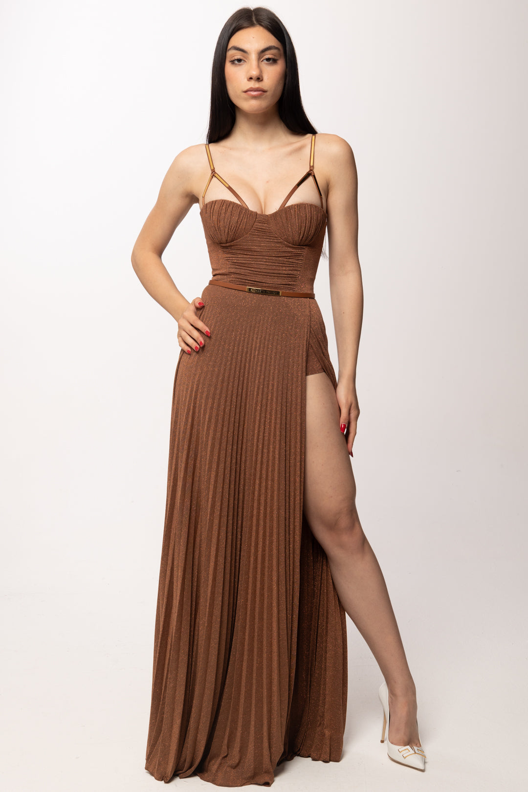 elisabetta franchi pleated long dress Woman Red Carpet in Lamé Jersey with Bustier and Jewel Straps ABR1661E2 LEATHER – Khloefemme disco Size for girl:9-12 months La gonna ha spacco NICHOLAS Rina Strapless Mini