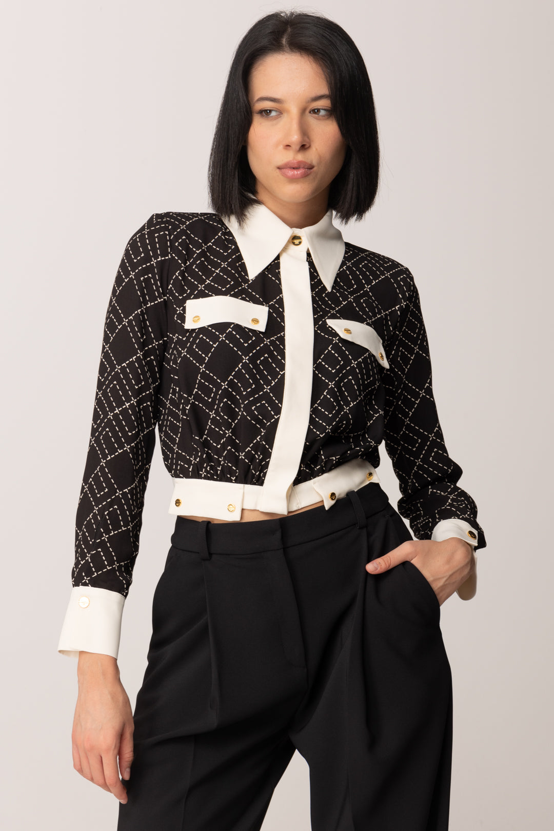 Bicolor Crop Shirt in Georgette with Print