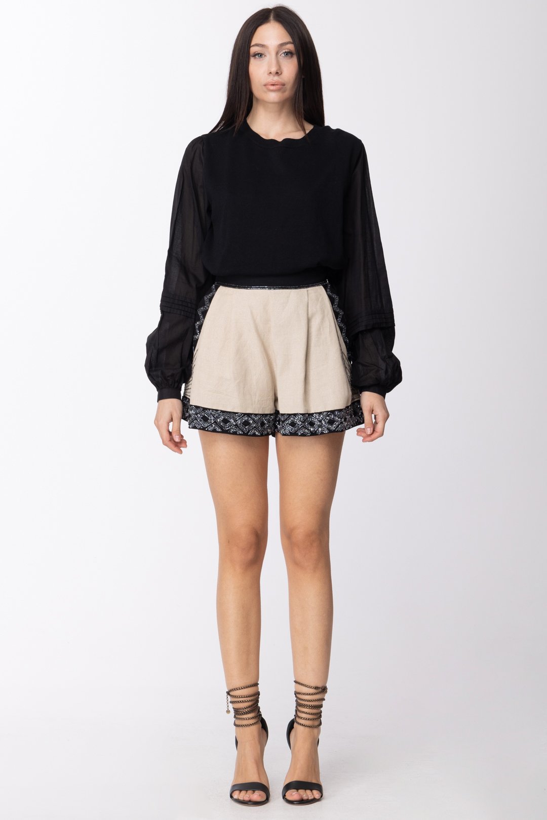 Muslin shirt with linen blend knitted insert