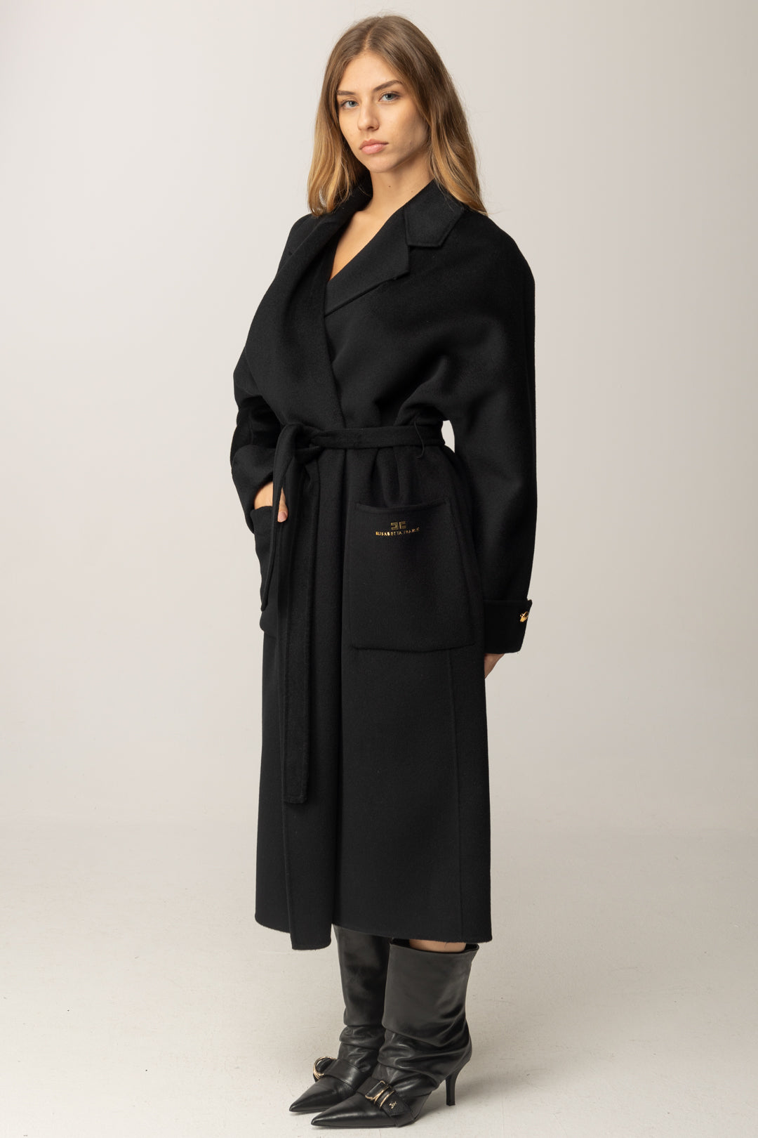 Elisabetta Franchi Woman Coat In Mixed Wool Cloth with Belt