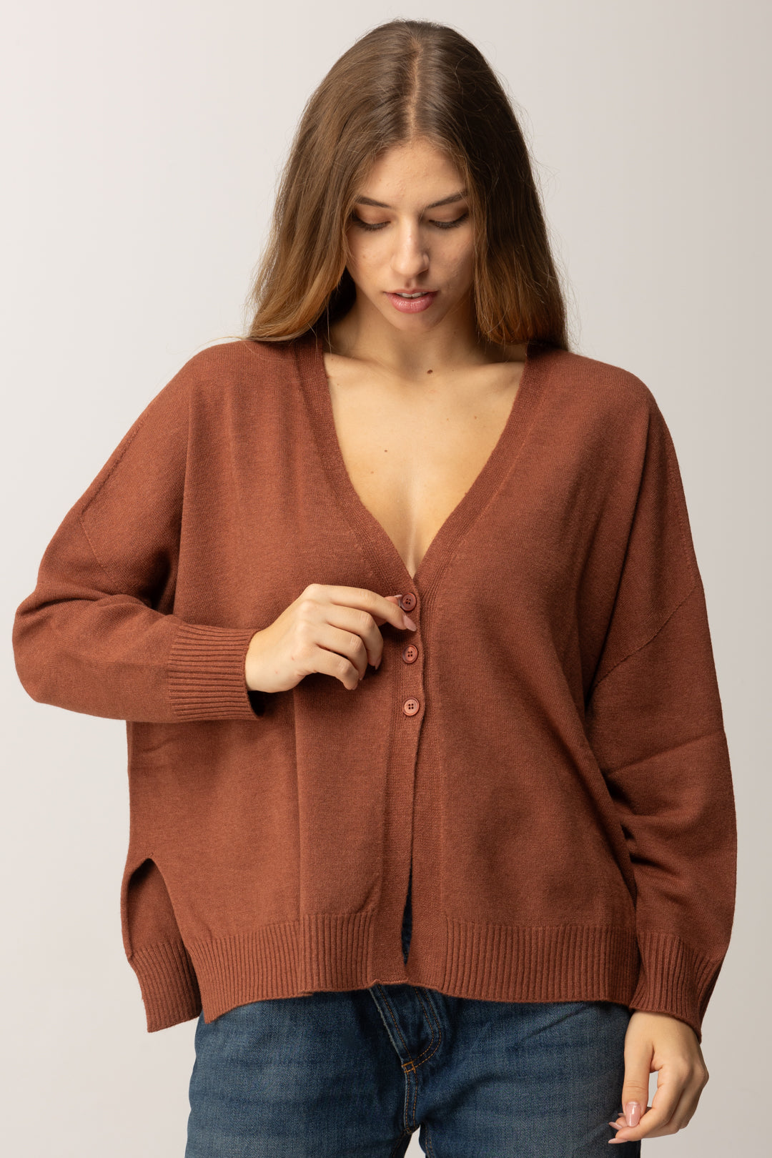 Manila Grace Donna Cardigan Ampio M438VU COGNAC – Khloefemme