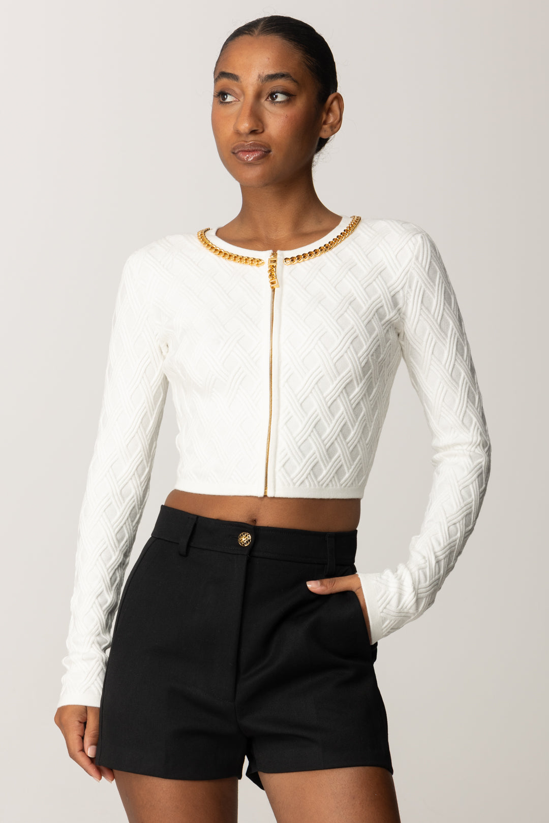 Crop Cardigan with Zip and Jewel Detail