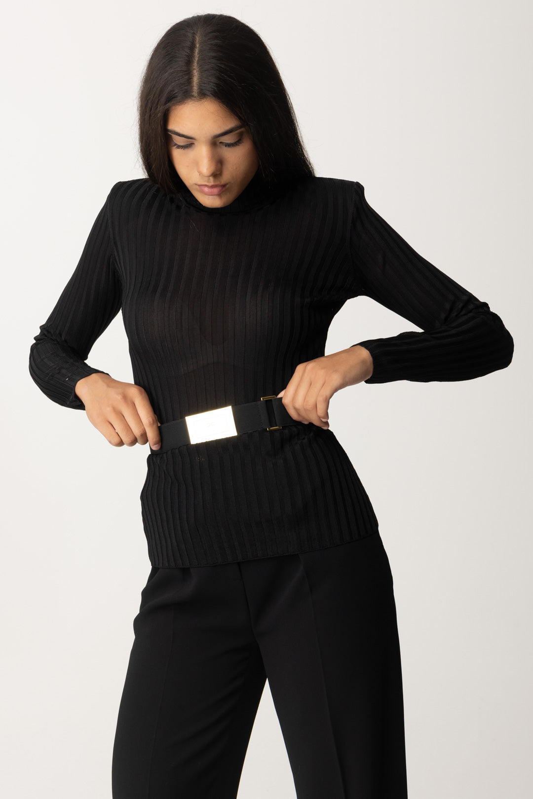 Cashmere Dolcevita Velluto Nero Dolcevita Maglione Con Cintura In