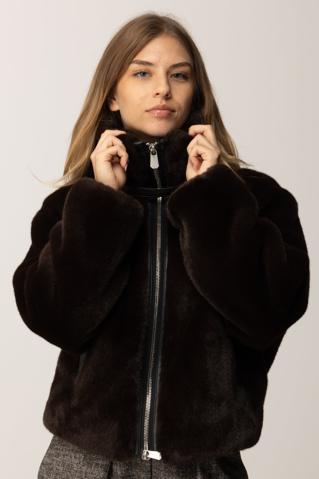 Faux Fur Jacket with High Collar and Zip