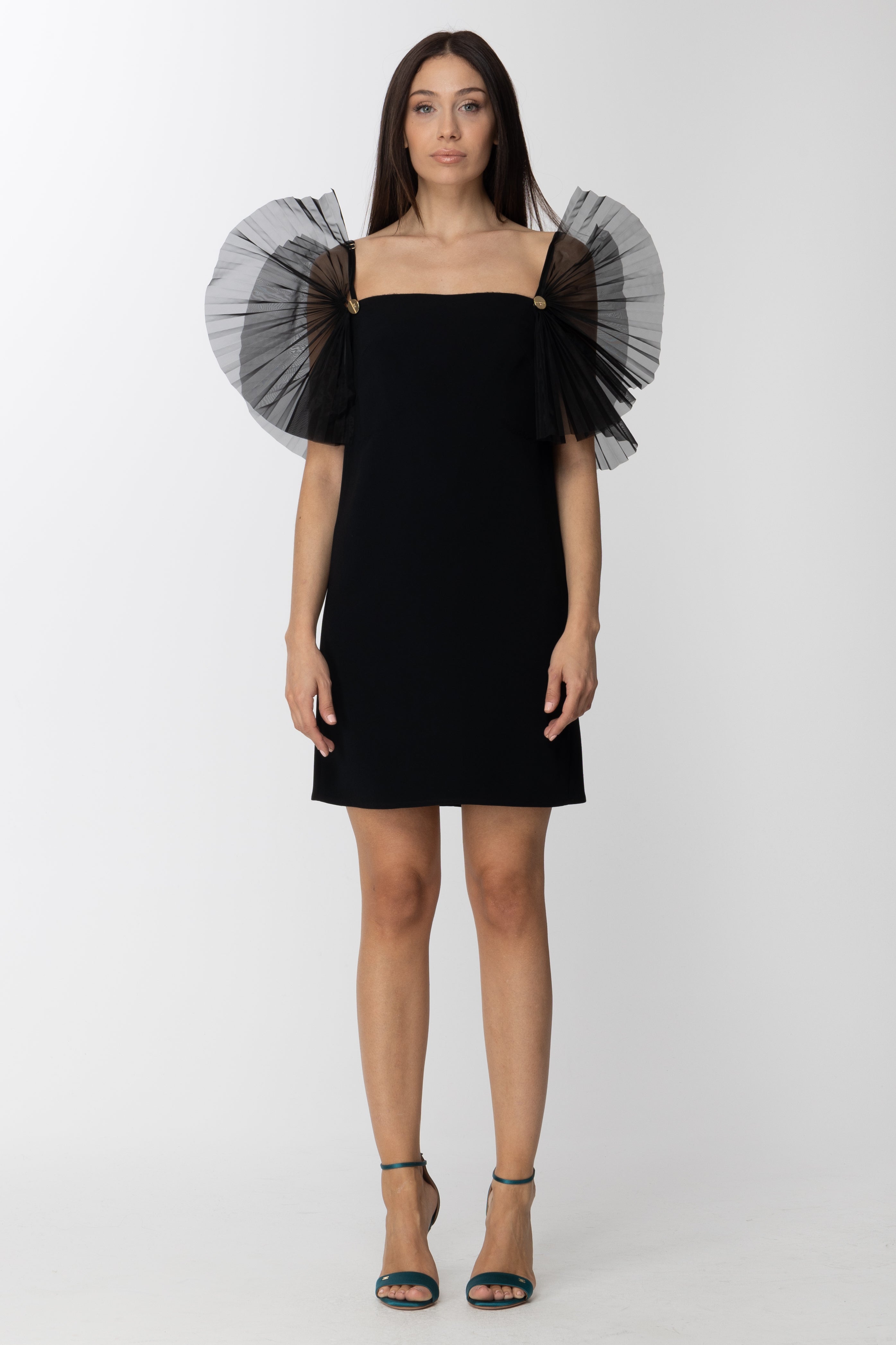 elisabetta franchi black mini dress Mini Dress with Tulle Details