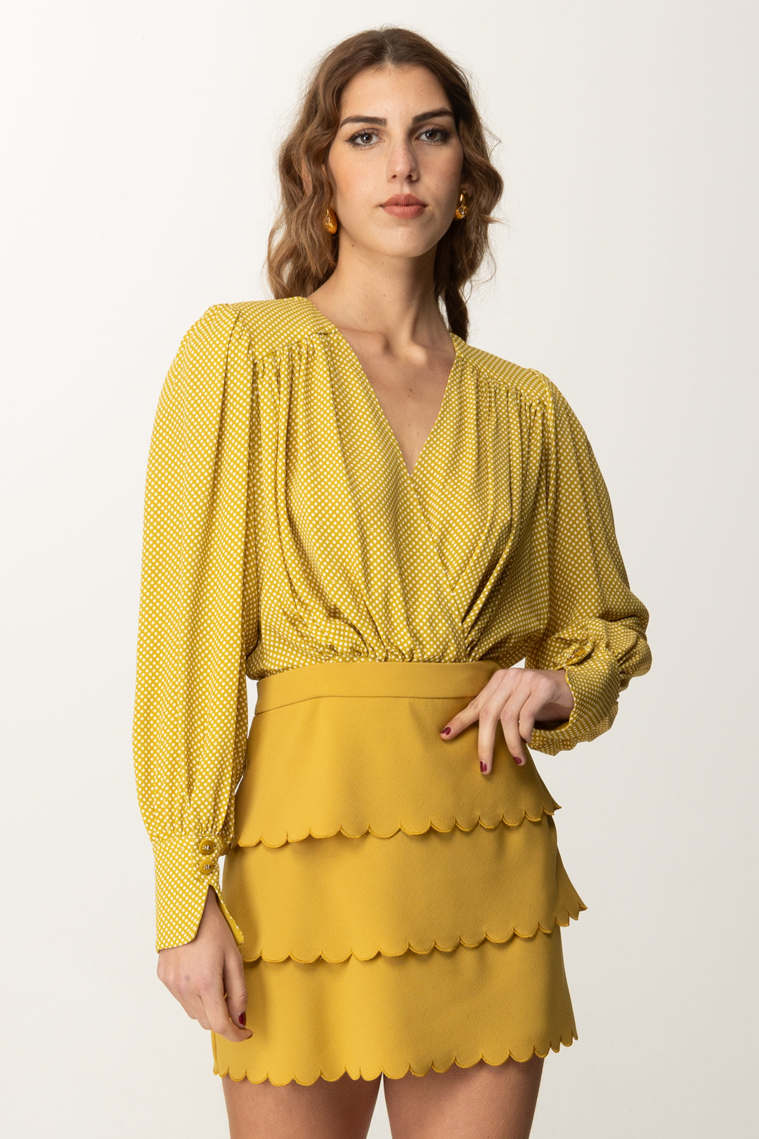 Elisabetta Franchi Woman Mini Dress with Polka Dot Top and Ruffled Skirt AB85652E2 CURRY/BURRO Khloefemme Elisabetta Franchi Woman Mini Dress with Polka Dot Top and Ruffled Skirt AB85652E2 CURRY/BURRO Khloefemme