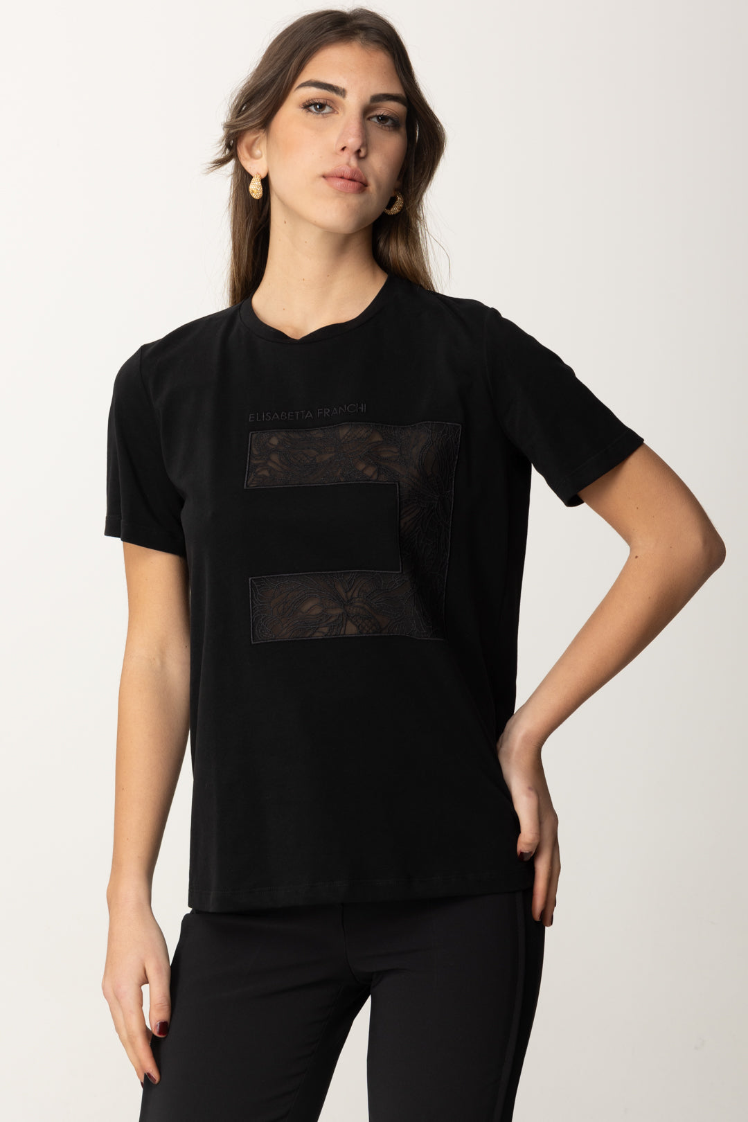 Elisabetta Franchi Donna T-shirt con Logo In Pizzo MA03151E2 NERO
