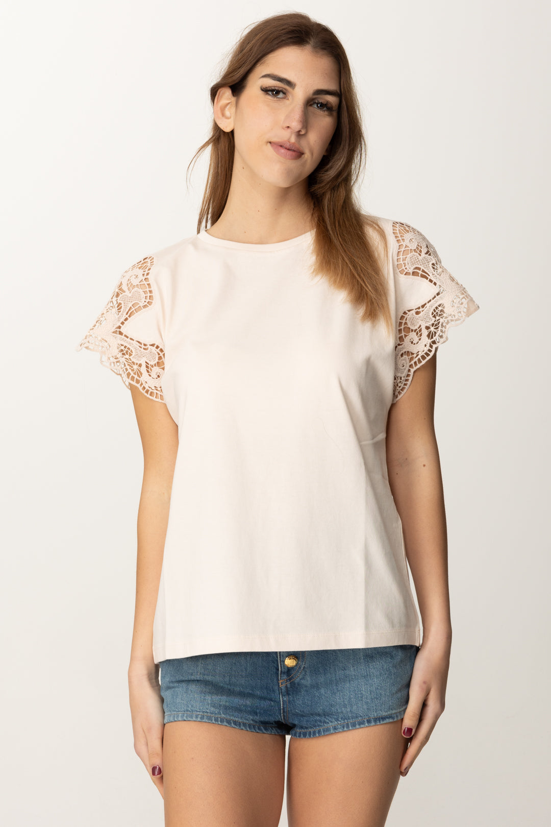 Lace Sleeve T-shirt with Fluid Cut - Main Image