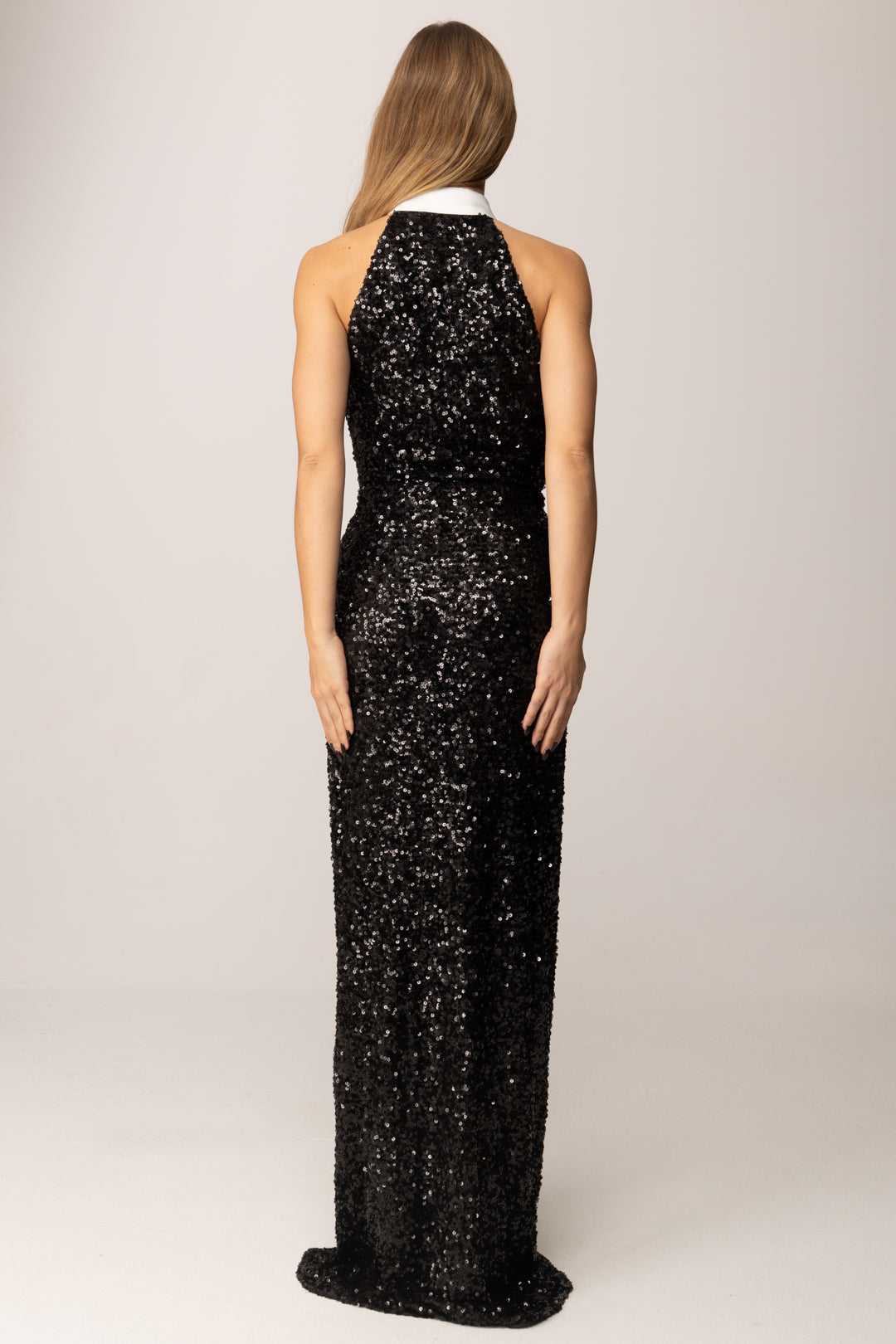 Elisabetta Franchi Abito Red Carpet In Paillettes con Cravatta ABR3257E2 NERO