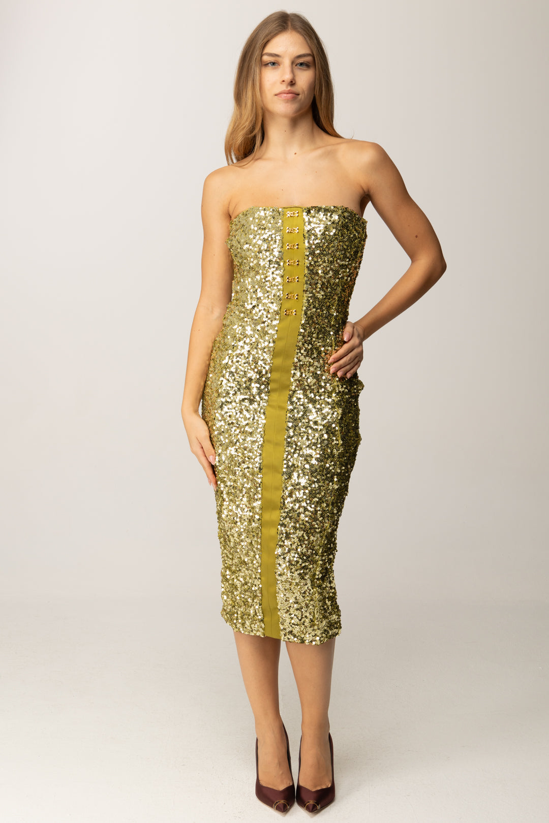 Elisabetta Franchi Abito Bustier In Paillettes con Ganci Gioiello AB88357E2 IGUANA