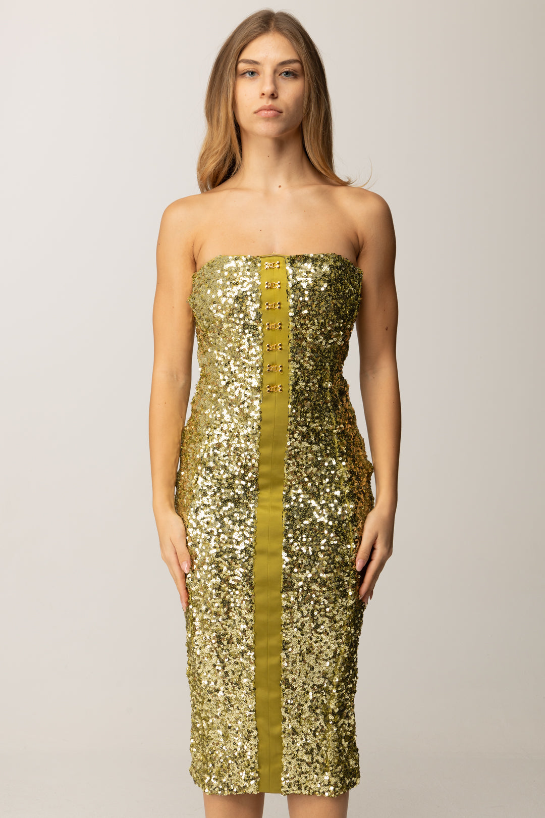 Elisabetta Franchi Abito Bustier In Paillettes con Ganci Gioiello AB88357E2 IGUANA