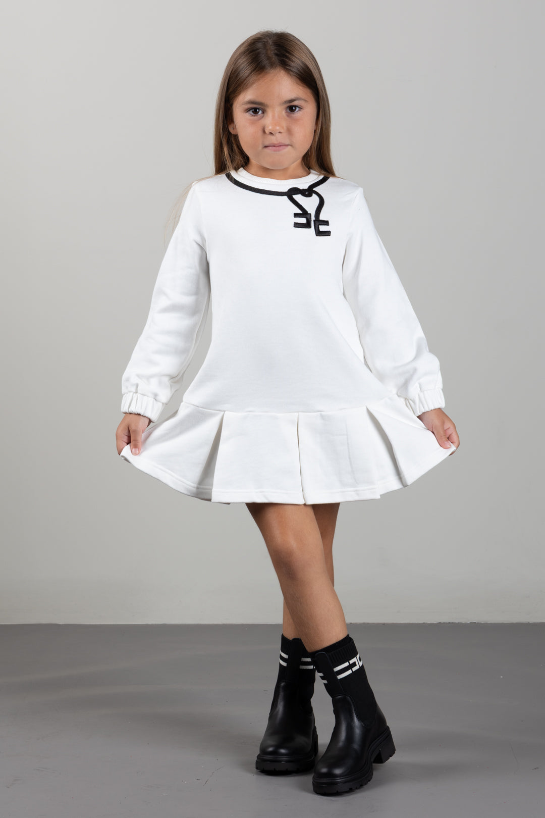 Elisabetta Franchi Bambina Abito Felpa con Ricamo Nastro EGAB253CFF017 MILK/NERO