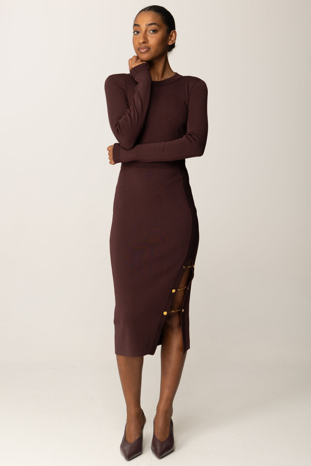 Elisabetta Franchi Abito In Maglia Midi con Gemelli Gioiello MERLOT 