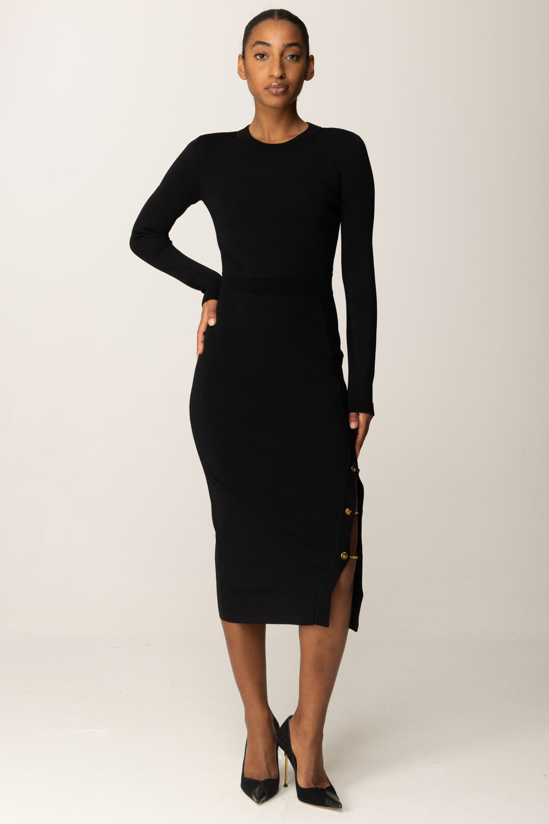 Elisabetta Franchi Abito In Maglia Midi con Gemelli Gioiello NERO AM28S57E2