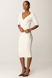Elisabetta Franchi Abito In Maglia con Losanghe e Borchiette Gold AM26S57E2 MILK
