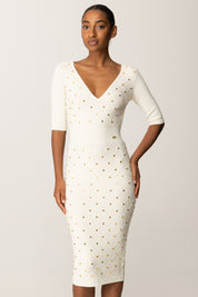 Elisabetta Franchi Abito In Maglia con Losanghe e Borchiette Gold AM26S57E2 MILK