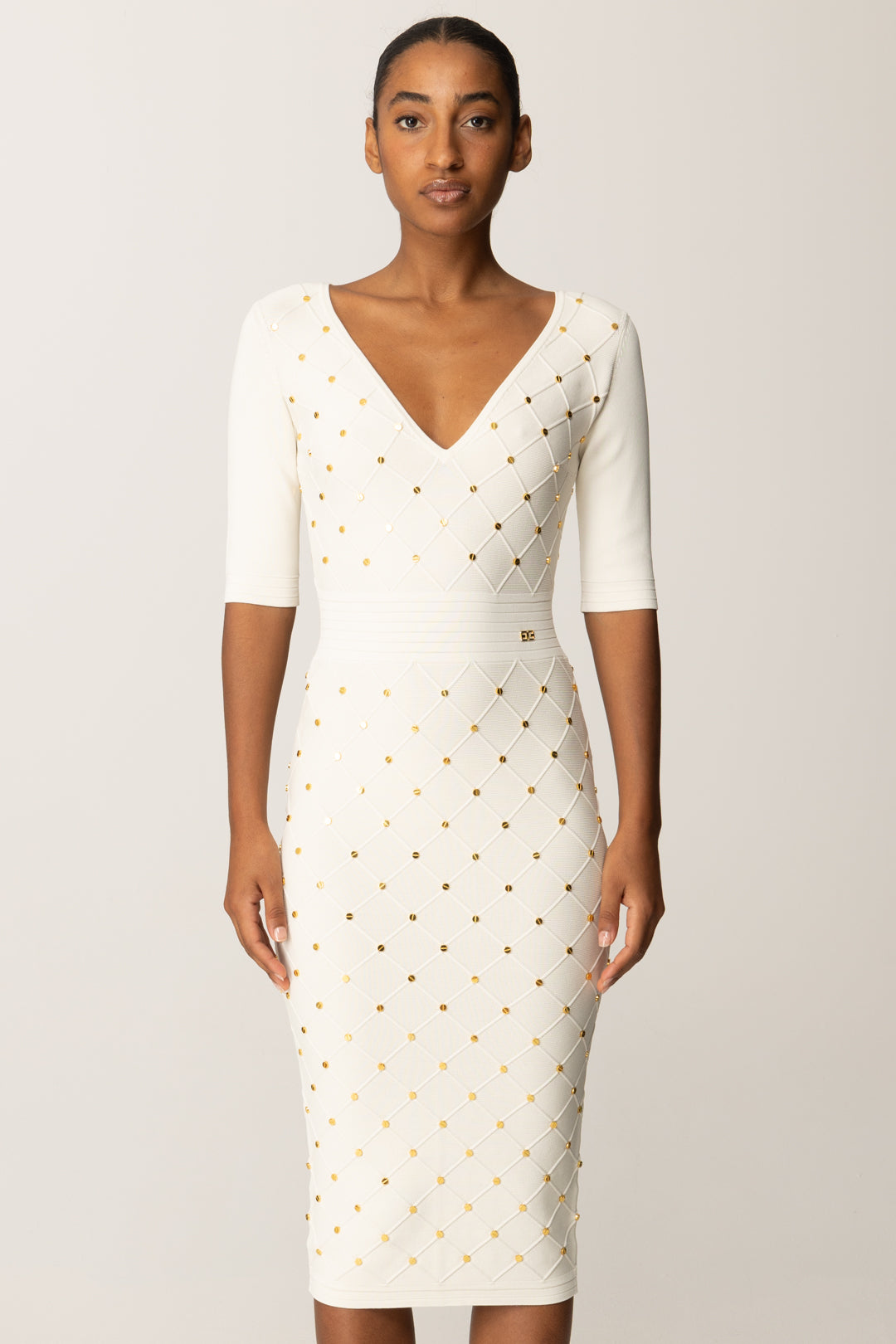 Elisabetta Franchi Abito In Maglia con Losanghe e Borchiette Gold AM26S57E2 MILK