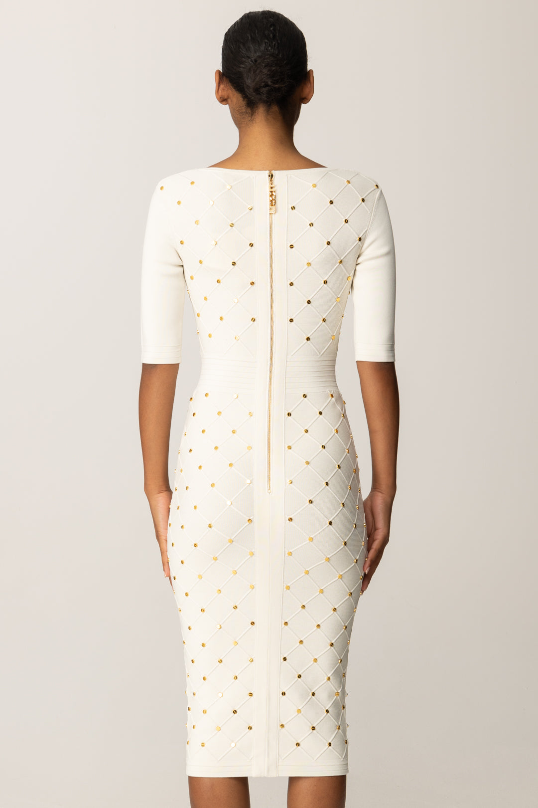 Elisabetta Franchi Abito In Maglia con Losanghe e Borchiette Gold AM26S57E2 MILK