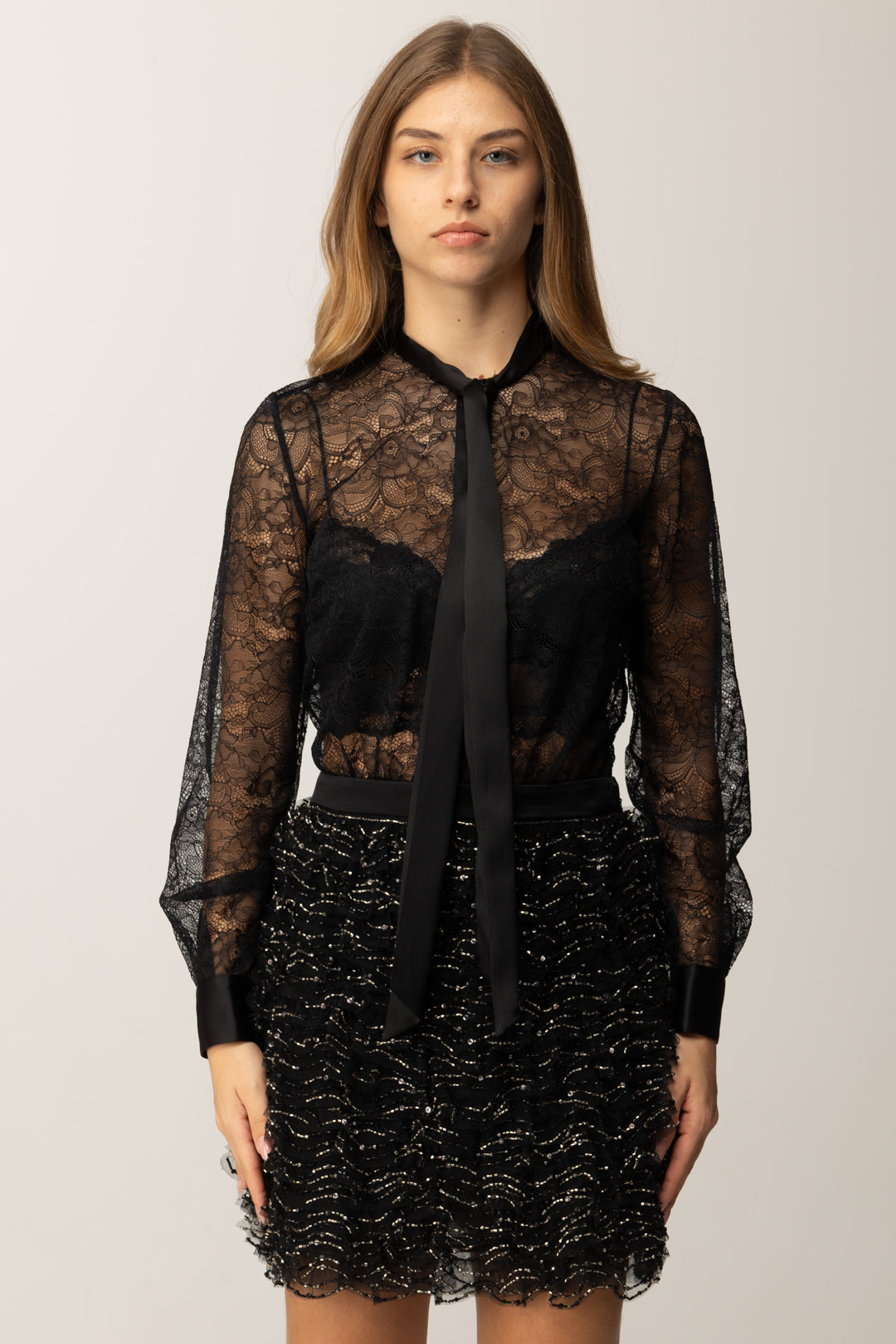 Elisabetta Franchi Abito In Pizzo e Tulle con Cristalli AB83257E2 NERO