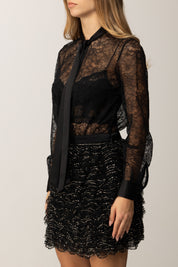 Elisabetta Franchi Abito In Pizzo e Tulle con Cristalli AB83257E2 NERO