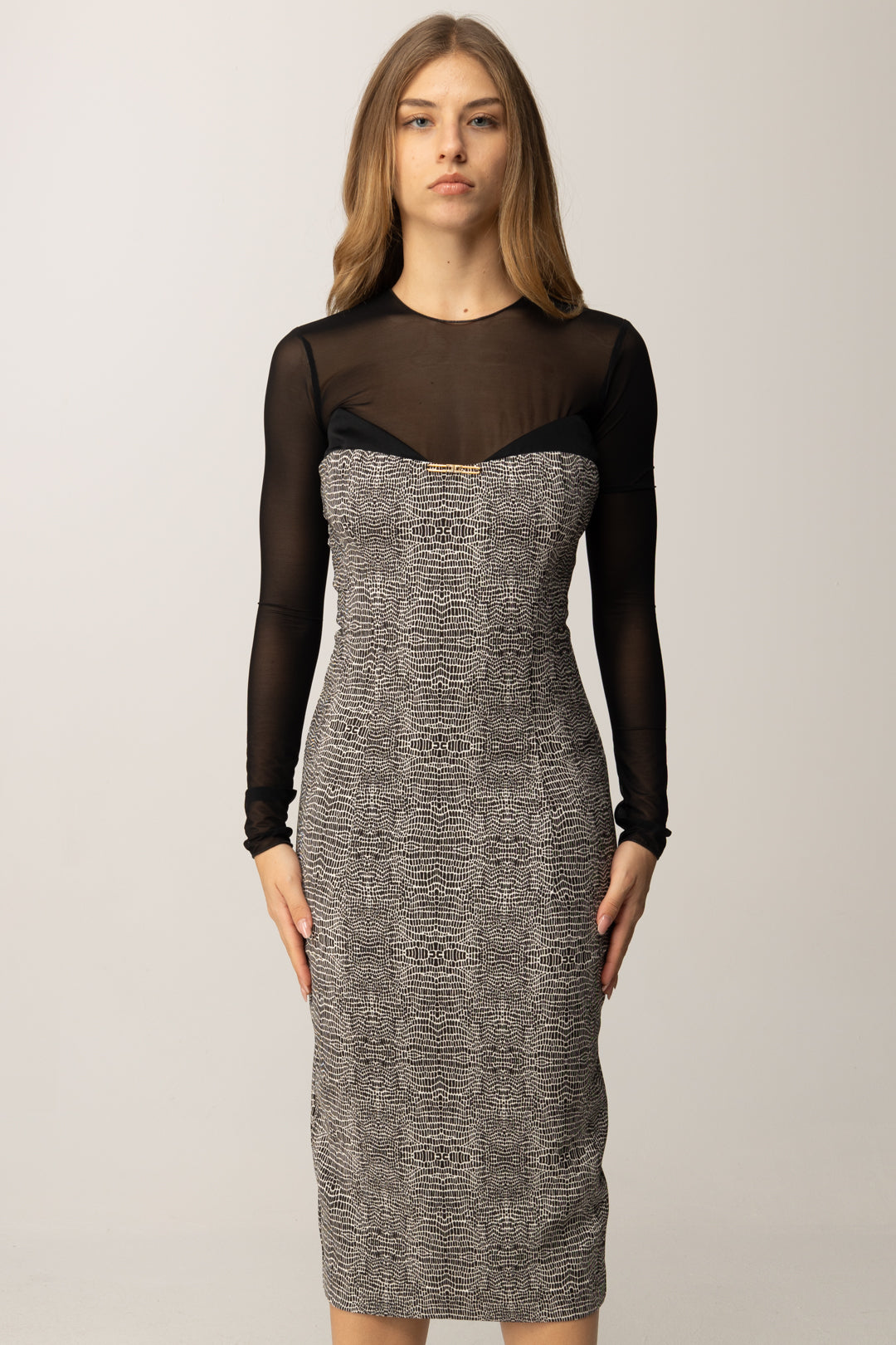 Elisabetta Franchi Abito In Tulle e Raso con Stampa Pitone AB87657E2 NERO