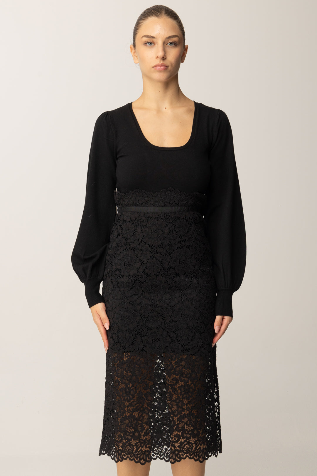 Twin-set Abito Longuette In Maglia e Pizzo 252TP3030 NERO