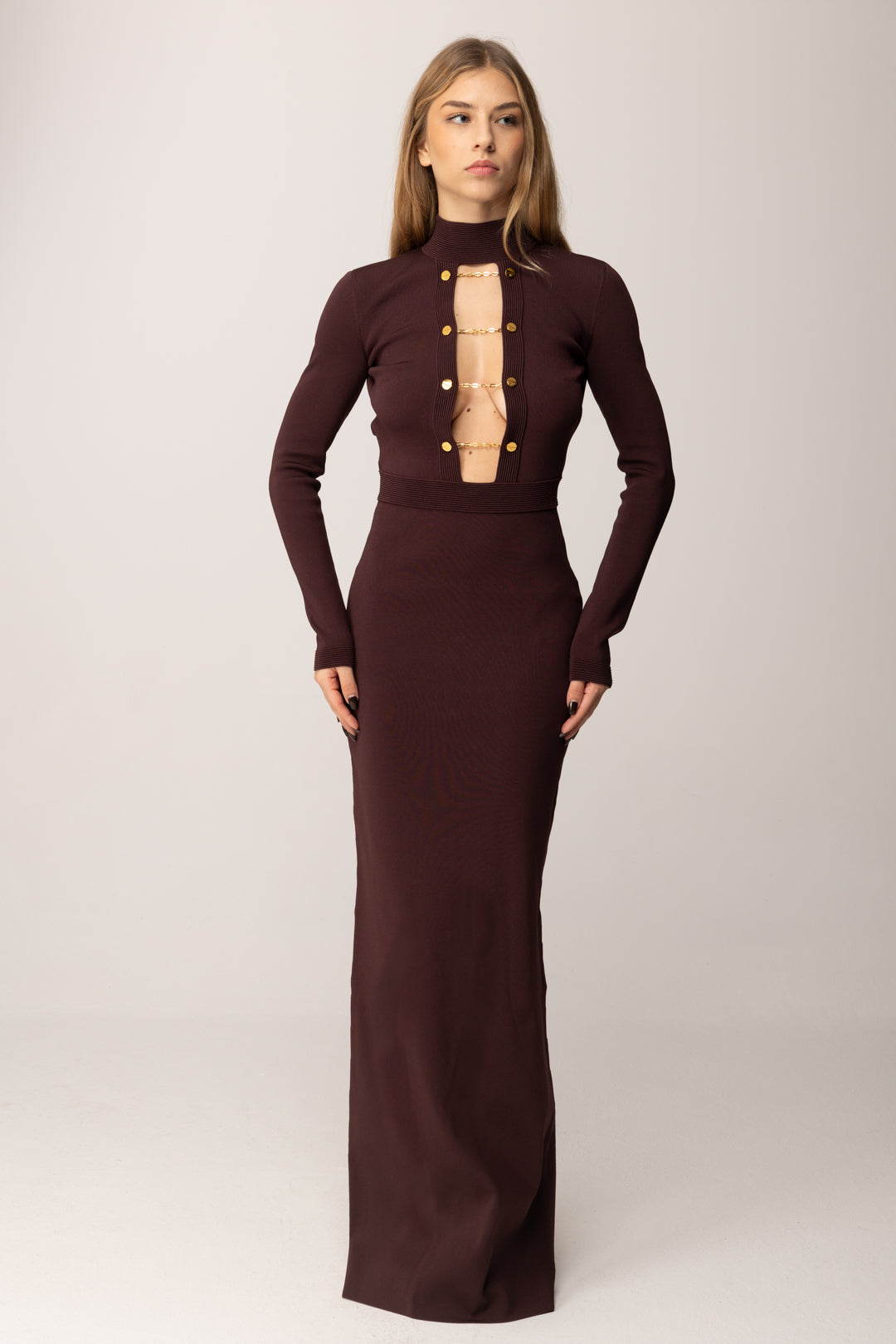 Elisabetta Franchi Abito Lungo In Maglia con Gemelli Gioiello AM29S57E2 MERLOT