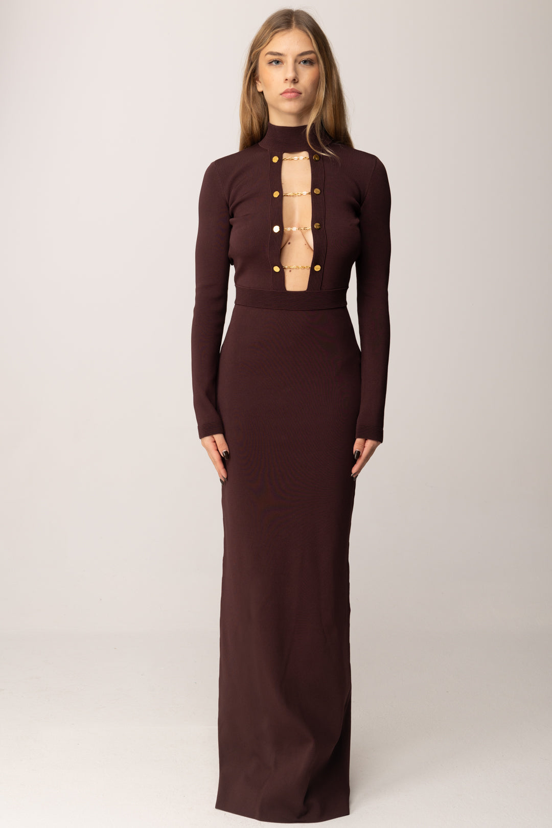 Elisabetta Franchi Abito Lungo In Maglia con Gemelli Gioiello AM29S57E2 MERLOT