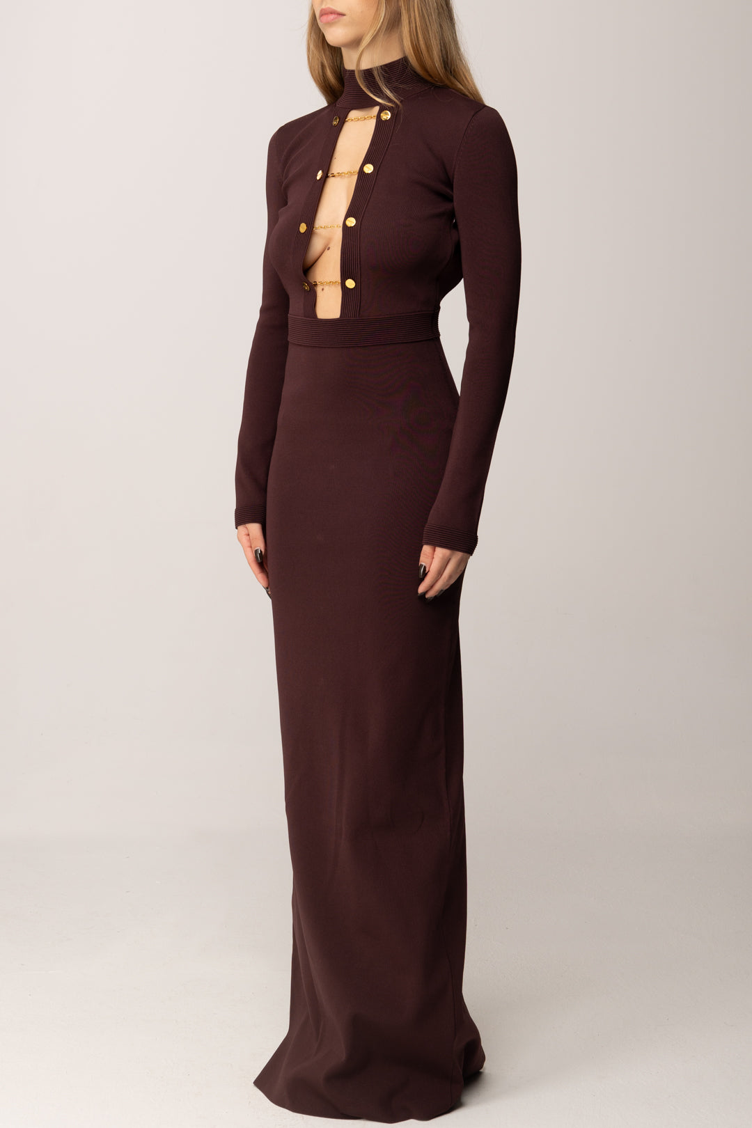 Elisabetta Franchi Abito Lungo In Maglia con Gemelli Gioiello AM29S57E2 MERLOT