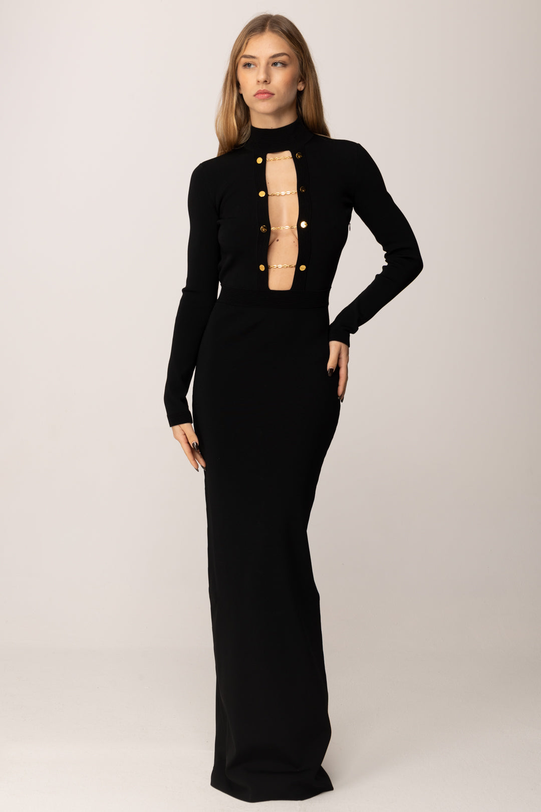 Elisabetta Franchi Abito Lungo In Maglia con Gemelli Gioiello AM29S57E2 NERO