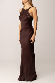 Twin-set Abito Lungo In Raso con Ricami a Filo Intarsiati 252TT2240 BLACK CHOCOLATE
