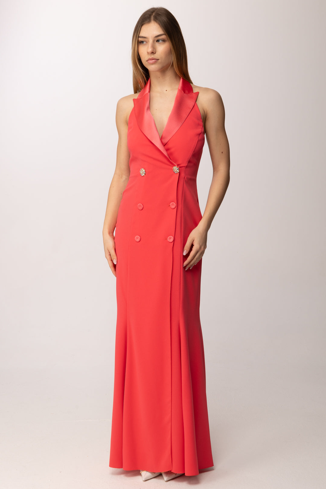 Hanita Abito Lungo a Gilet con Bottoni Gioiello H.V3842.4649 CORALLO 