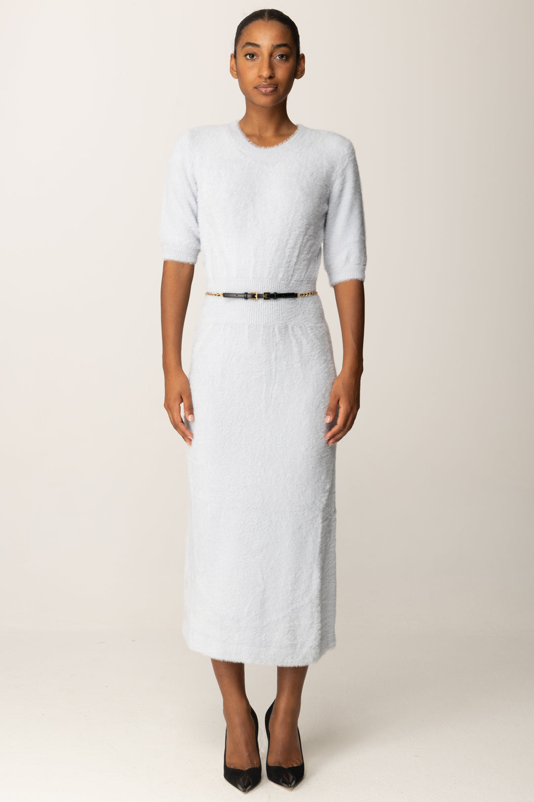 Elisabetta Franchi Abito Midi Effetto Pelliccetta con Cintura AM38T57E2 STARLIGHT