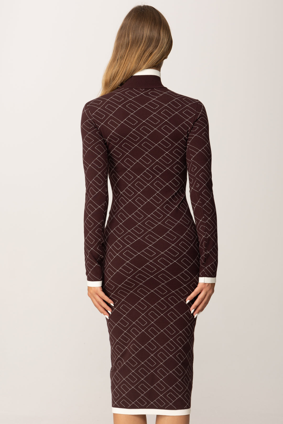 Elisabetta Franchi Abito Midi In Maglia Jacquard Stampa Logo AM18T56E2 MERLOT/MILK