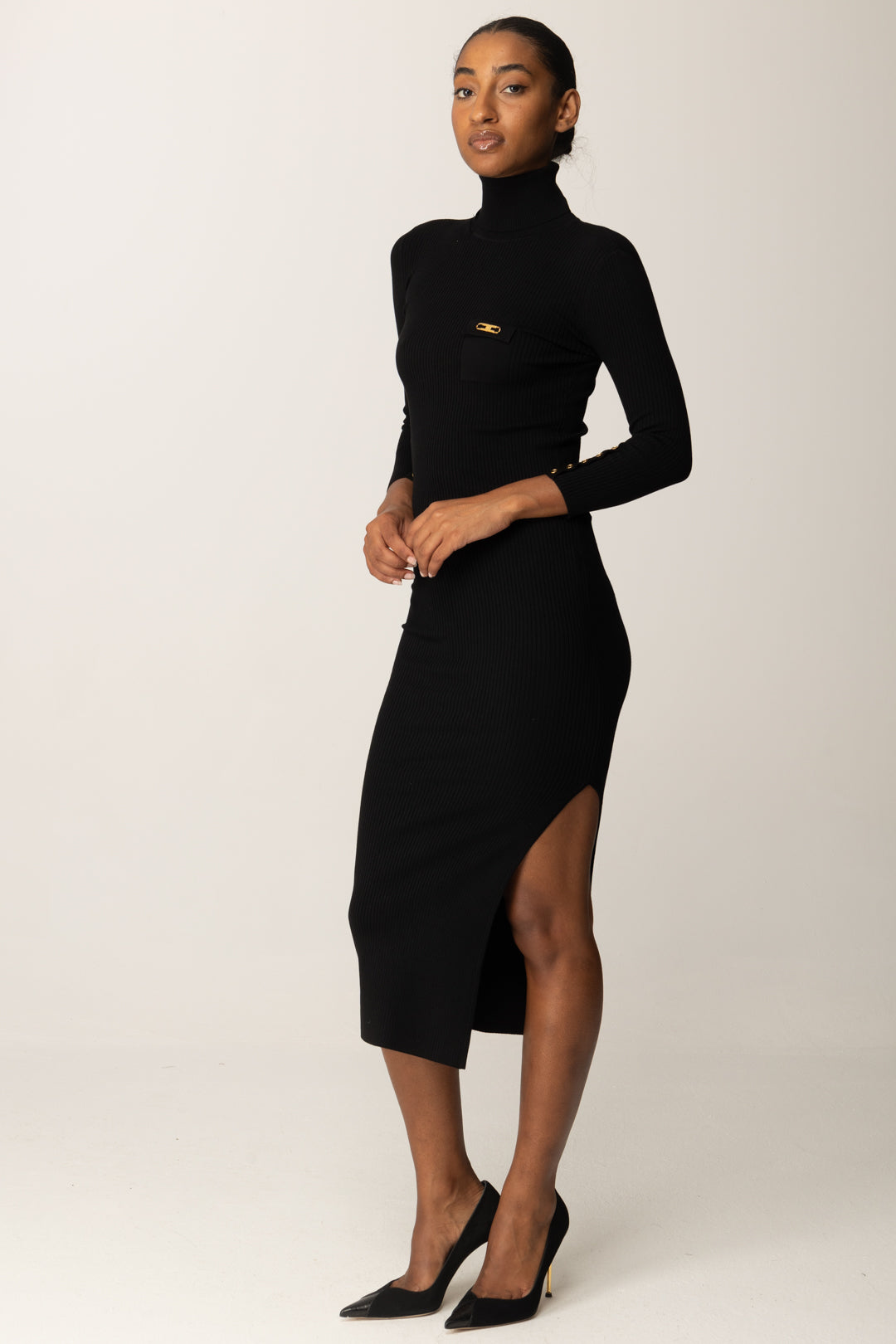 Elisabetta Franchi Abito Midi In Maglia a Costine con Taschino NERO AM23B56E2