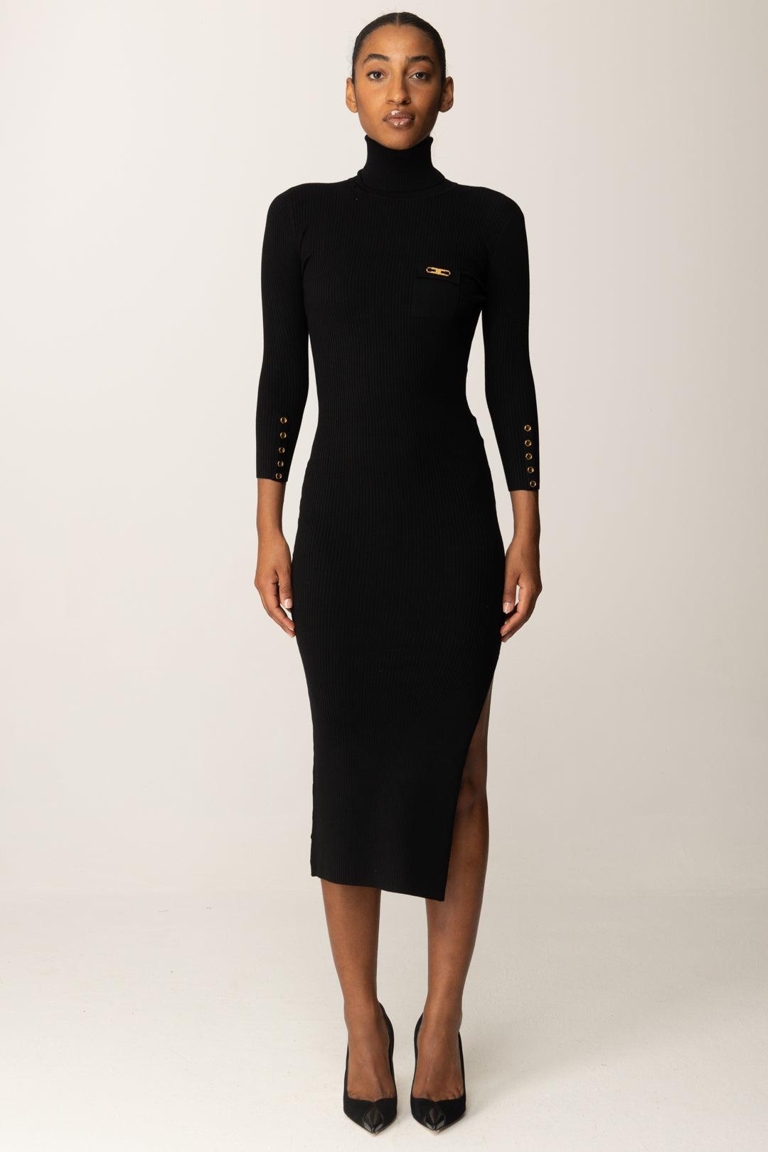Elisabetta Franchi Abito Midi In Maglia a Costine con Taschino NERO AM23B56E2