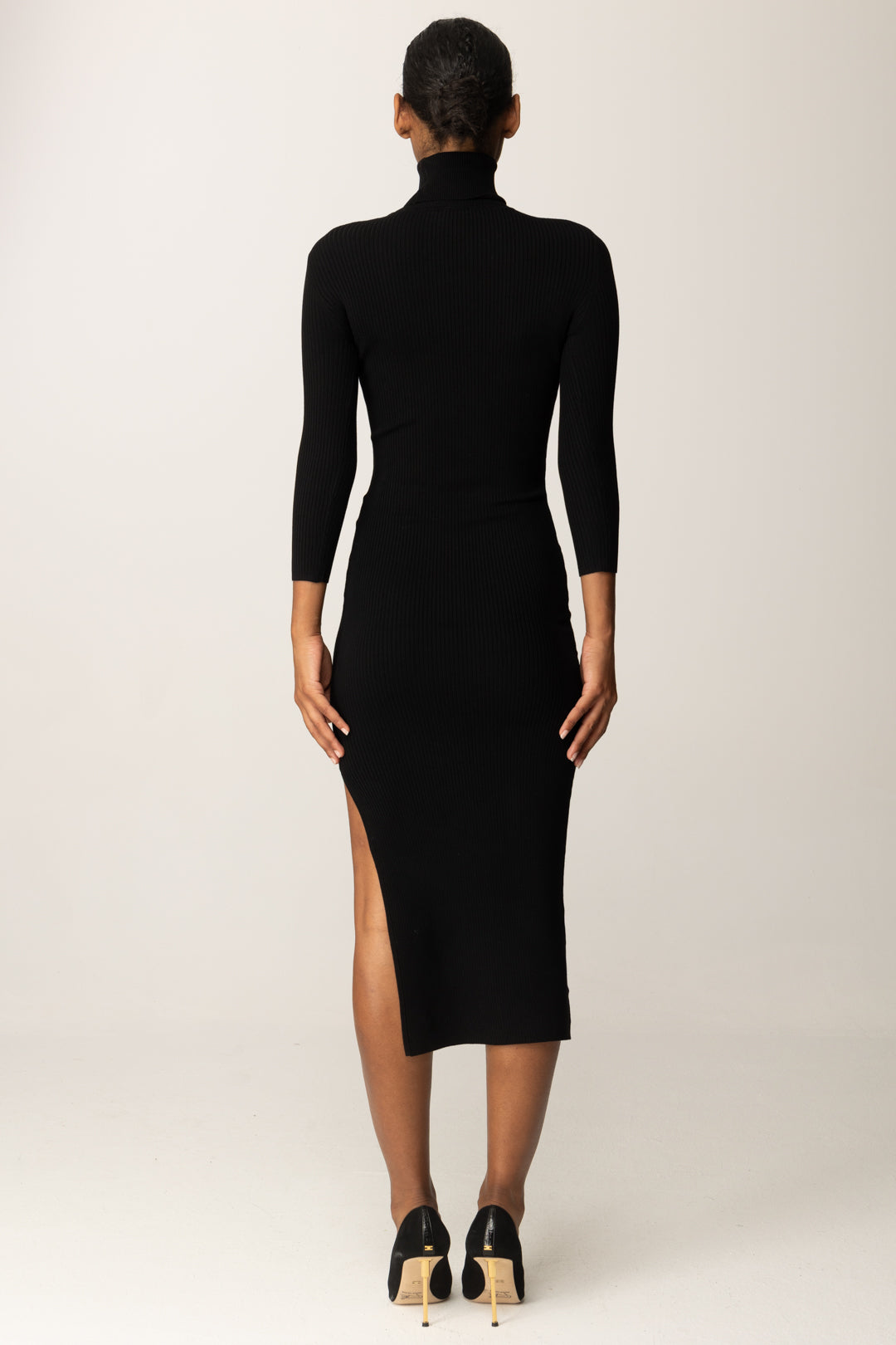 Elisabetta Franchi Abito Midi In Maglia a Costine con Taschino NERO AM23B56E2