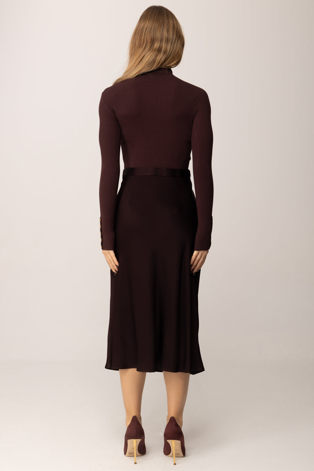 Elisabetta Franchi Abito Midi In Maglia con Gonna In Satin MERLOT AM06B56E2