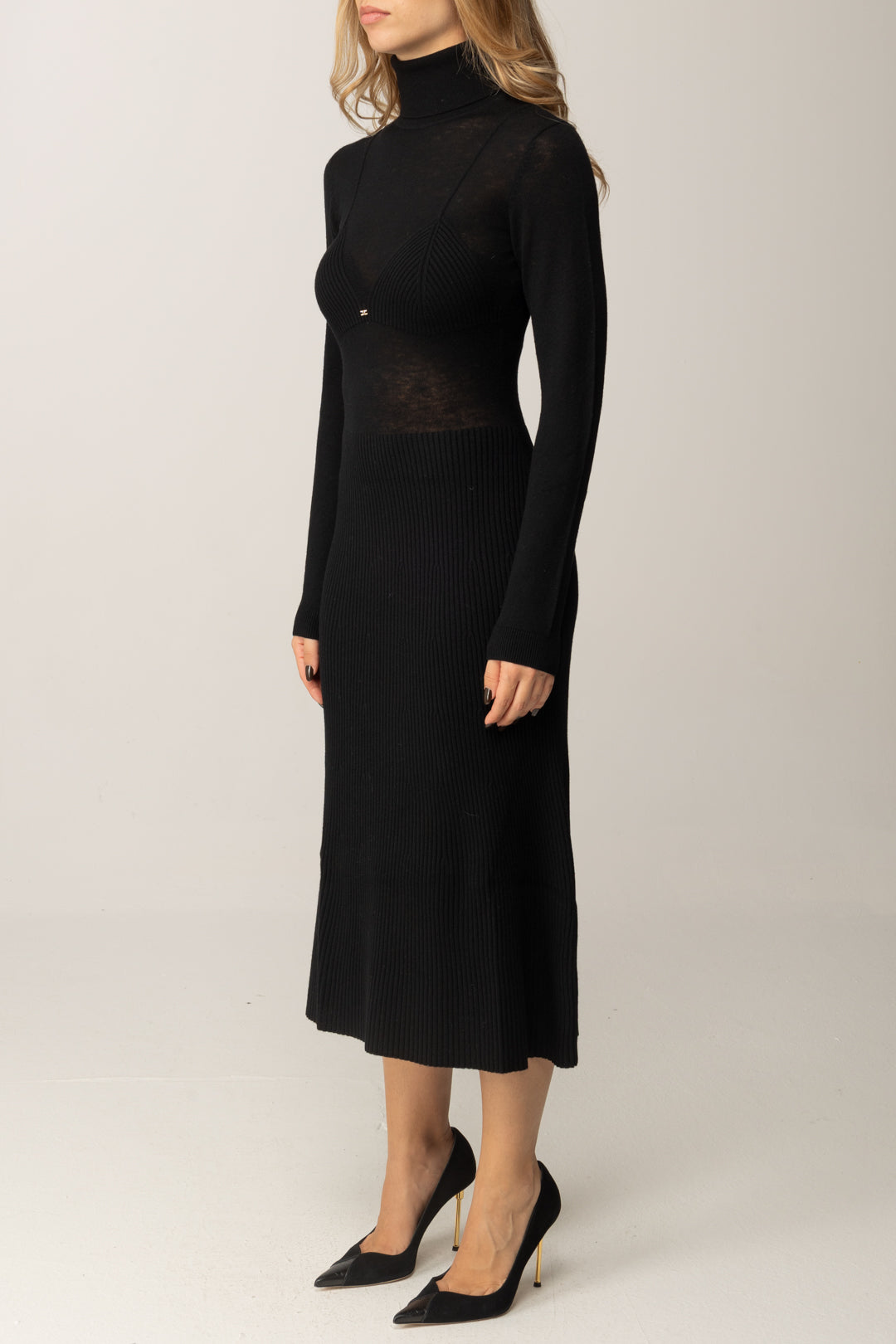 Elisabetta Franchi Abito Midi In Maglia con Lavorazione a Coste AM30S57E2 NERO